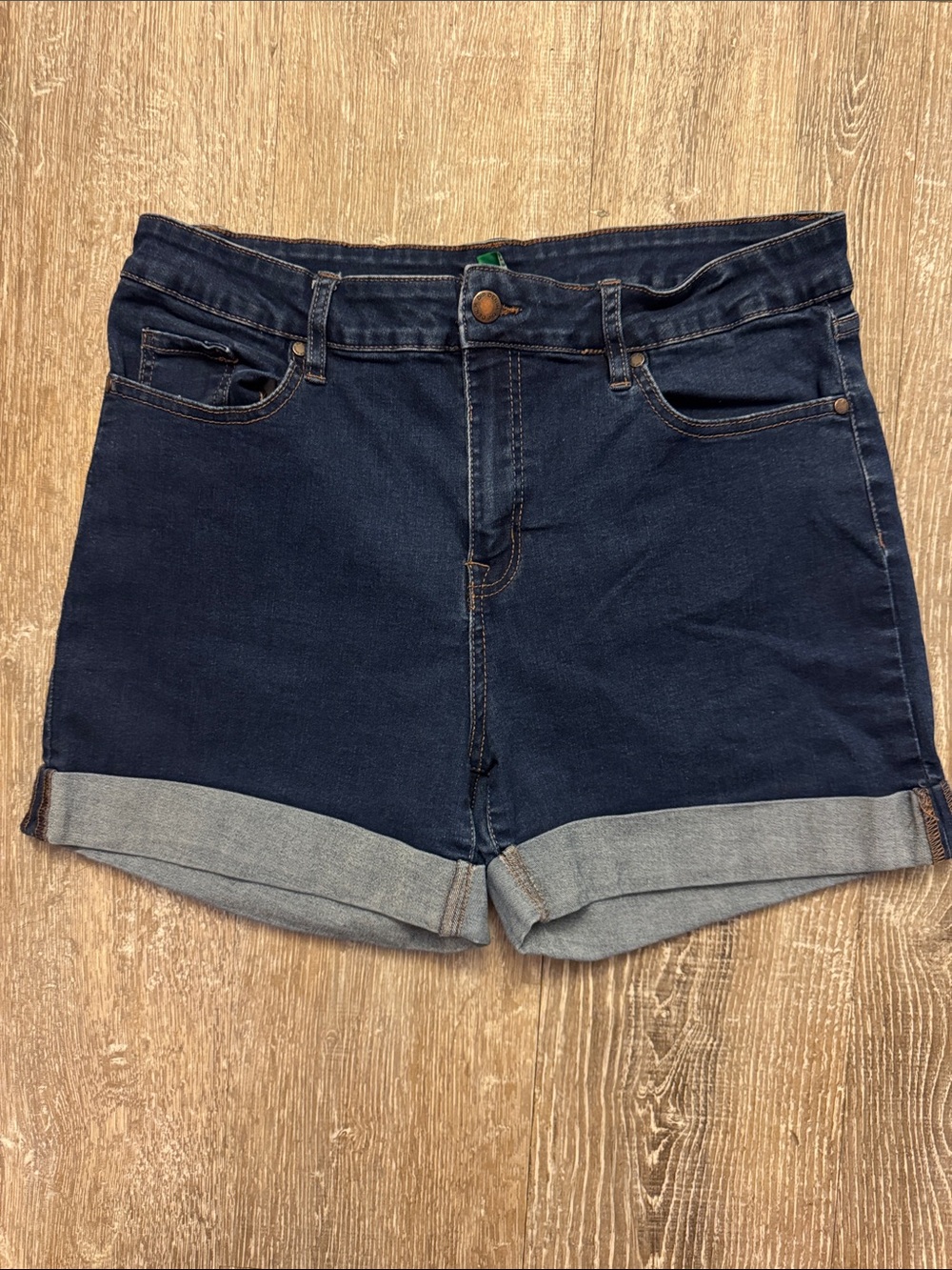 Dark Blue Rolled Hem Denim Shorts Stretchy, Comfy
